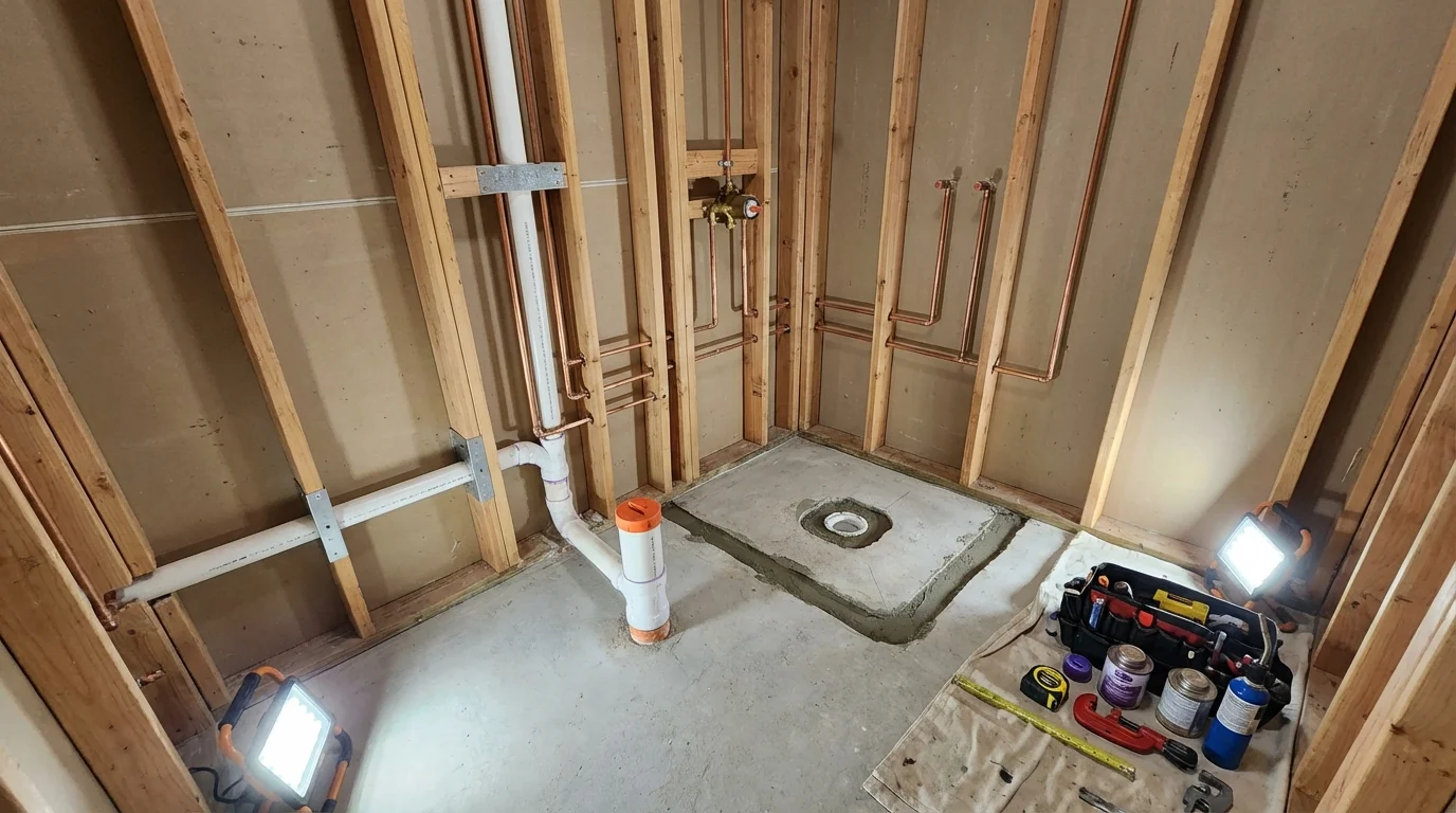 Bathroom rough-in plumbing during remodel by Johns Plumbing LLC in Woodsville
