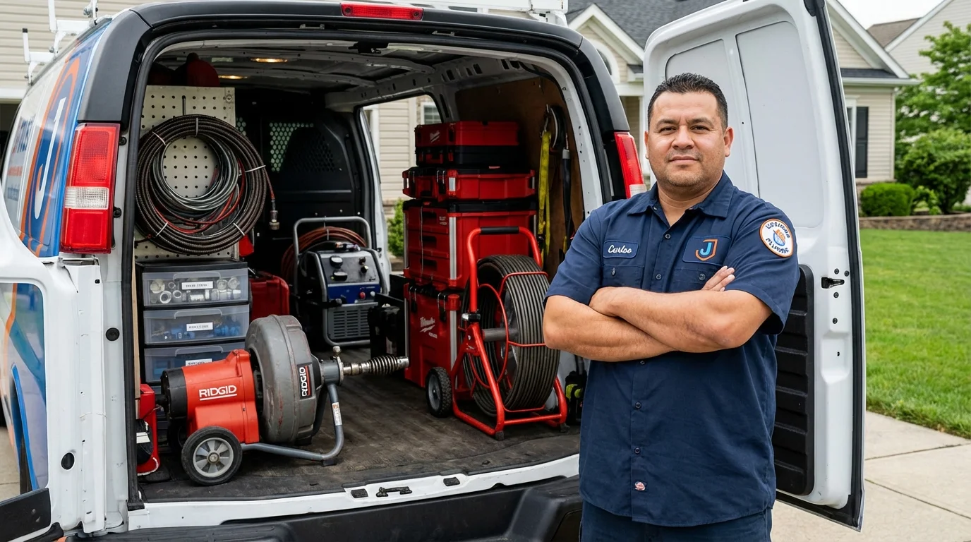 Professional drain cleaning equipment and Johns Plumbing LLC plumber in Woodsville