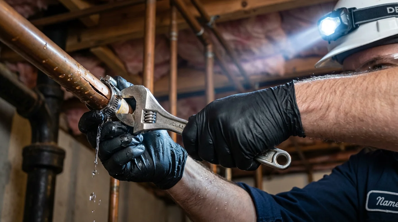 Emergency pipe clamp repair being performed by a Johns Plumbing LLC plumber in Woodsville