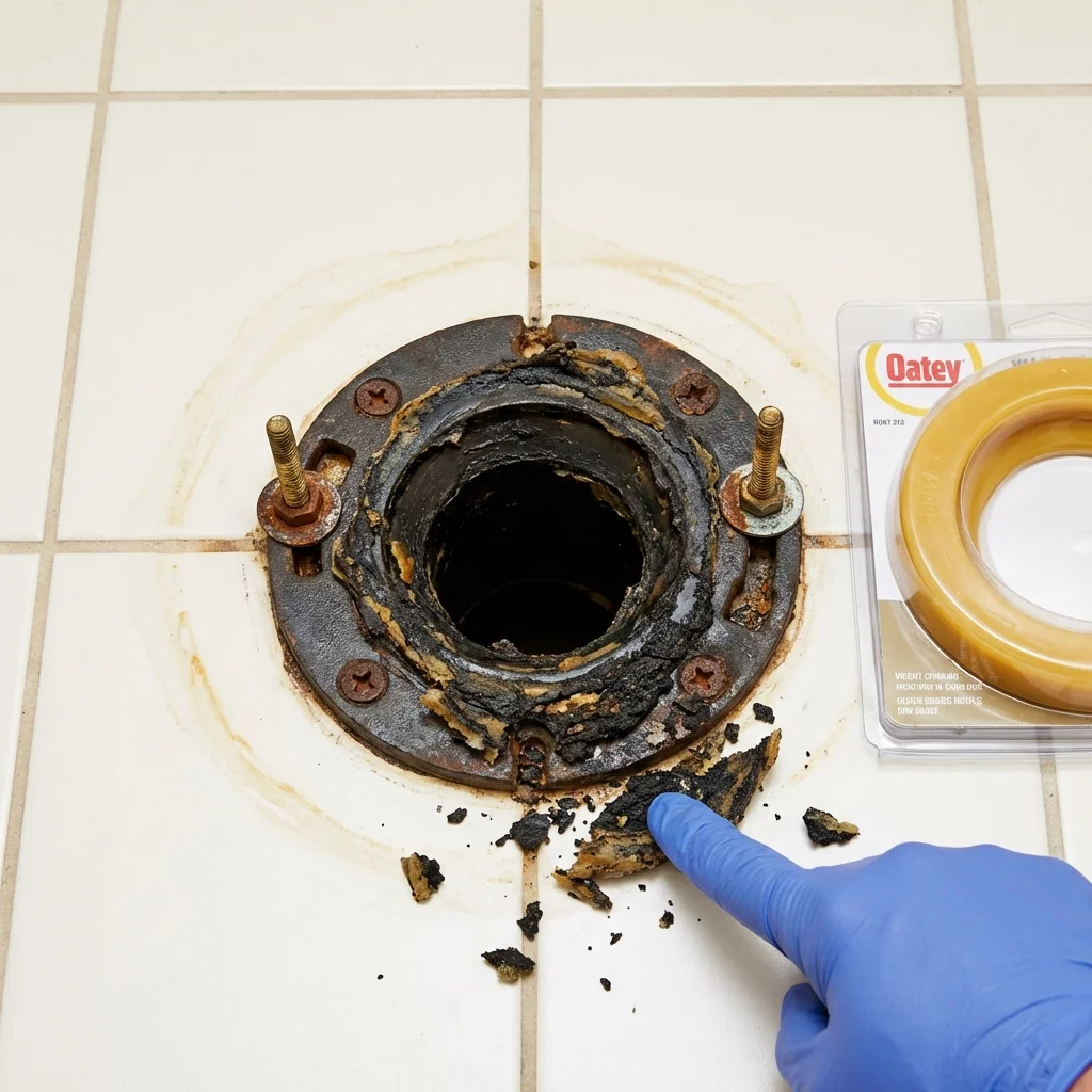 Failed wax ring showing water seepage at the base of a toilet in a Woodsville, NH home