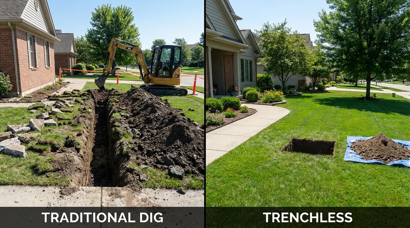 Trenchless sewer repair with minimal yard damage versus traditional excavation in Woodsville, NH