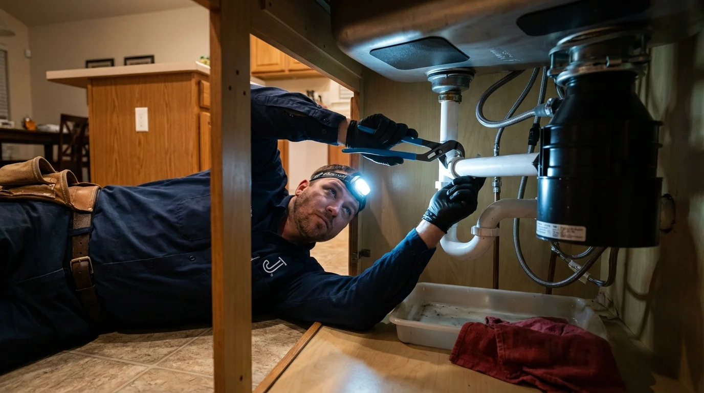 P-trap and supply line connections under a kitchen sink showing a common leak point in Woodsville, NH